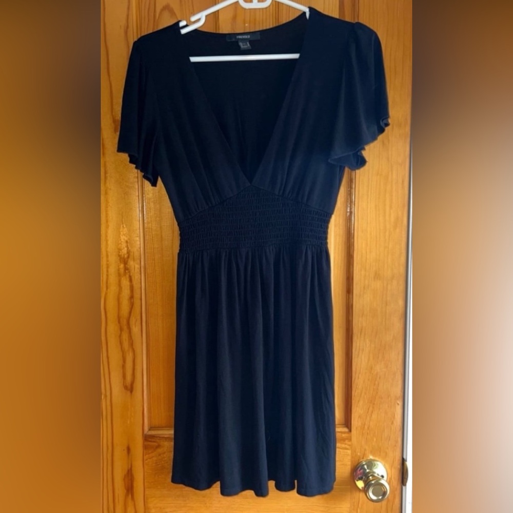 Black Midi Sundress with Ruched Waist and Flutter Sleeves